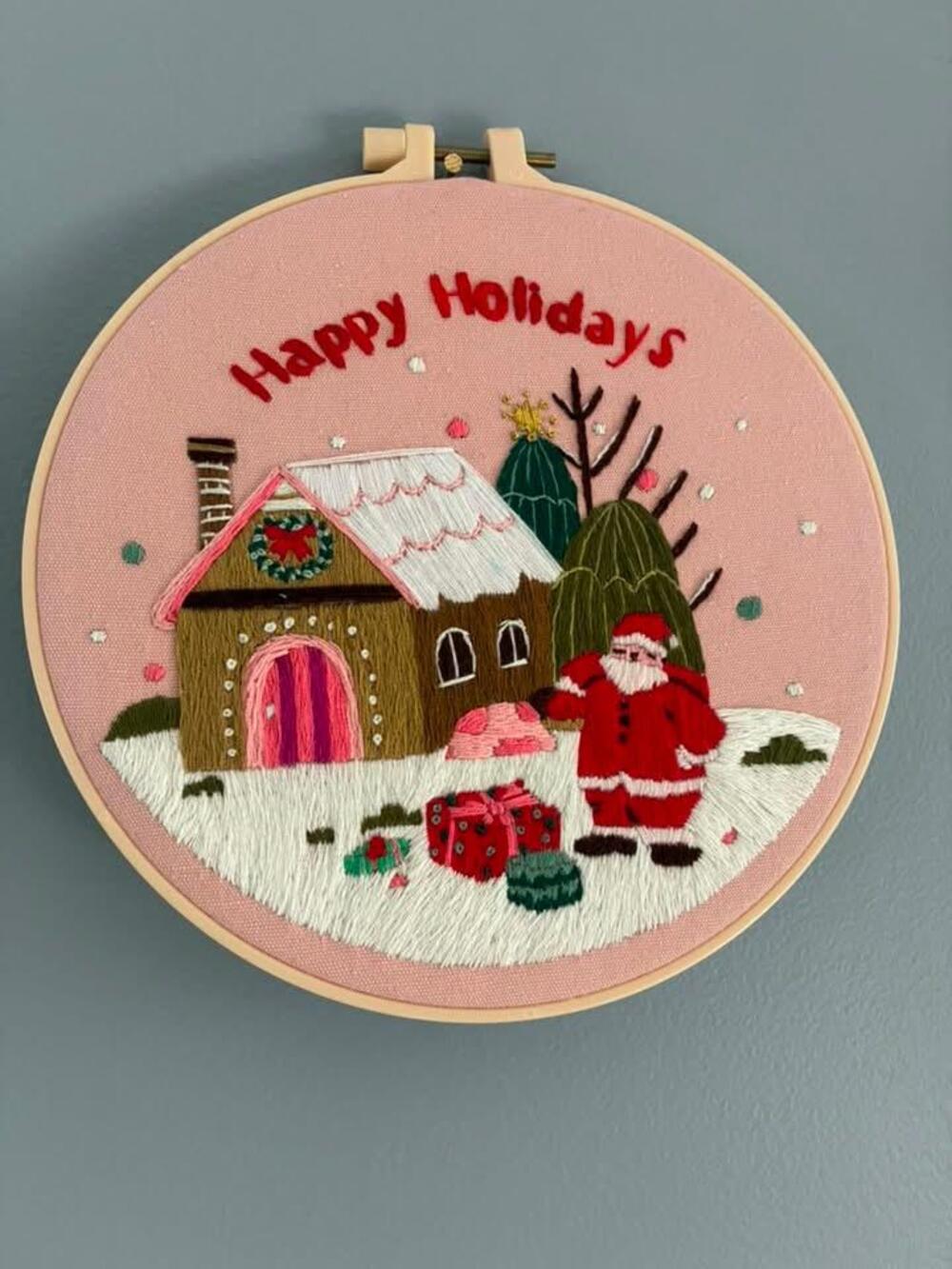 Happy Holidays Embroidery Hoop | Pink Christmas Wall Décor | Handmade Holiday Fi